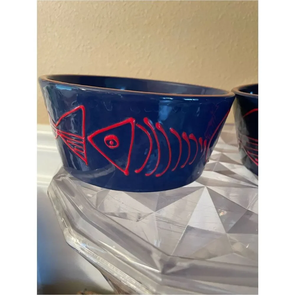 Crate & Barrel Shore Dark Navy Red Fish Bowls lot of 2